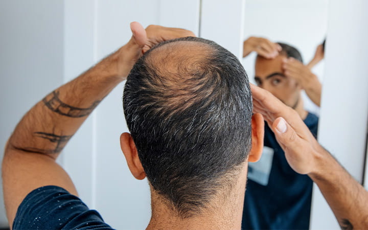 Man looking at hair in mirror