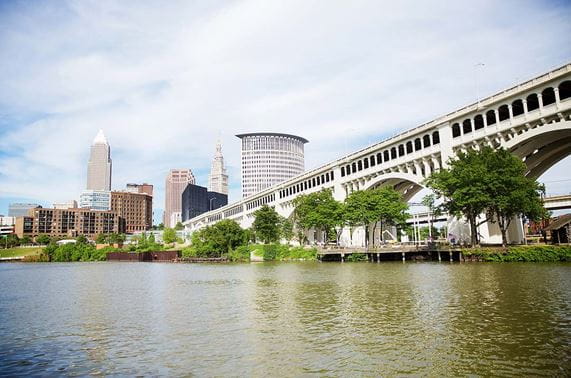 view of cleveland skyline from the flats