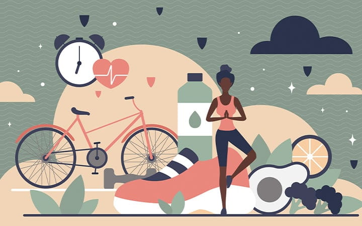Girl choosing healthy lifestyle, practicing yoga near sport equipment and vegetables