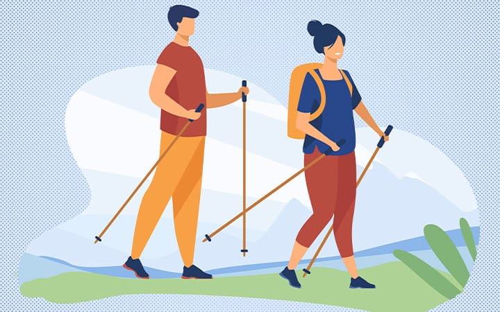 Illustration of a couple with backpacks walking outdoors