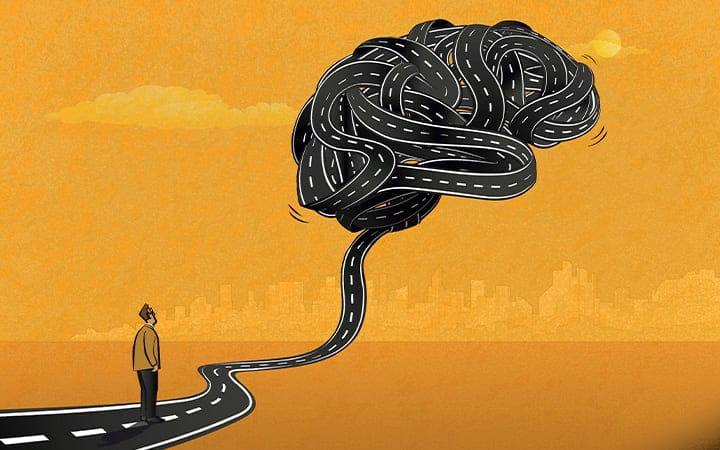 Man gazes at tangled brain illustration