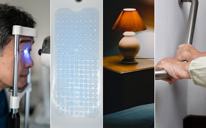 Montage of an eye exam, a non-slip blue shower mat, an electric lamp an elderly woman holding on handrail