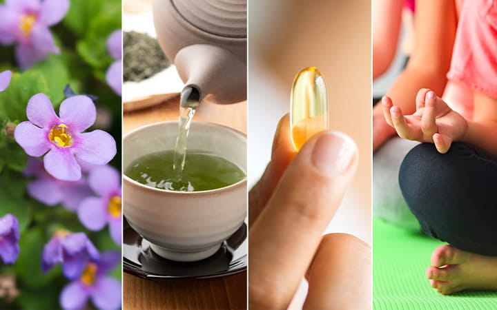 Flowers, green tea, person holding pill, child meditating