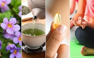 Flowers, green tea, person holding pill, child meditating