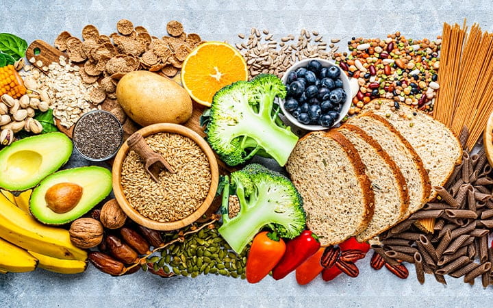 Group of food with high content of dietary fiber arranged side by side