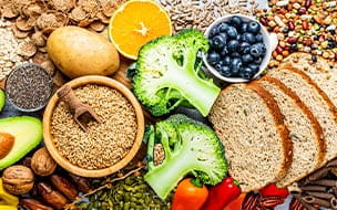 Group of food with high content of dietary fiber arranged side by side