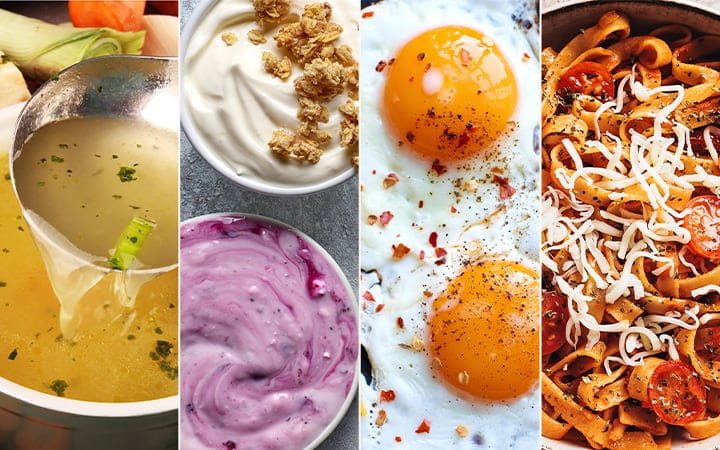 Broth, yogurt, eggs and noodles