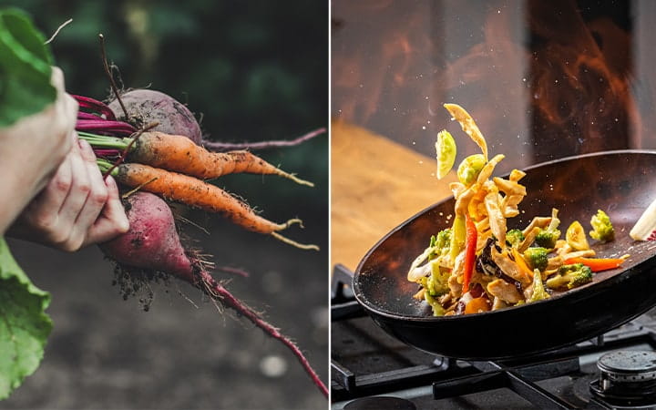 A man holding bunch of fresh vegetables versus a chef tossing flaming vegetables in a frying pan