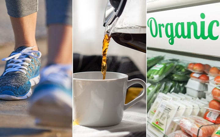 Collage of walking coffee and organic produce images