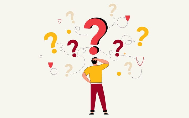 Illustration of a pensive man facing questions