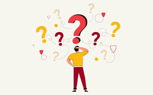 Illustration of a pensive man facing questions