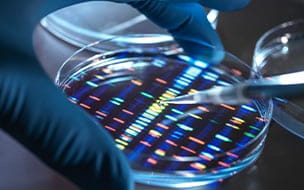 Scientist pipetting sample into tray for DNA testing in laboratory