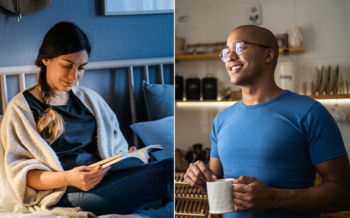 woman reading a book at night and a man drinking cup of coffee in the morning