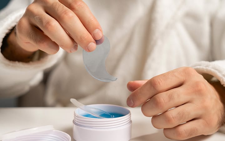 A male hand holding a sample of blue algae extract
