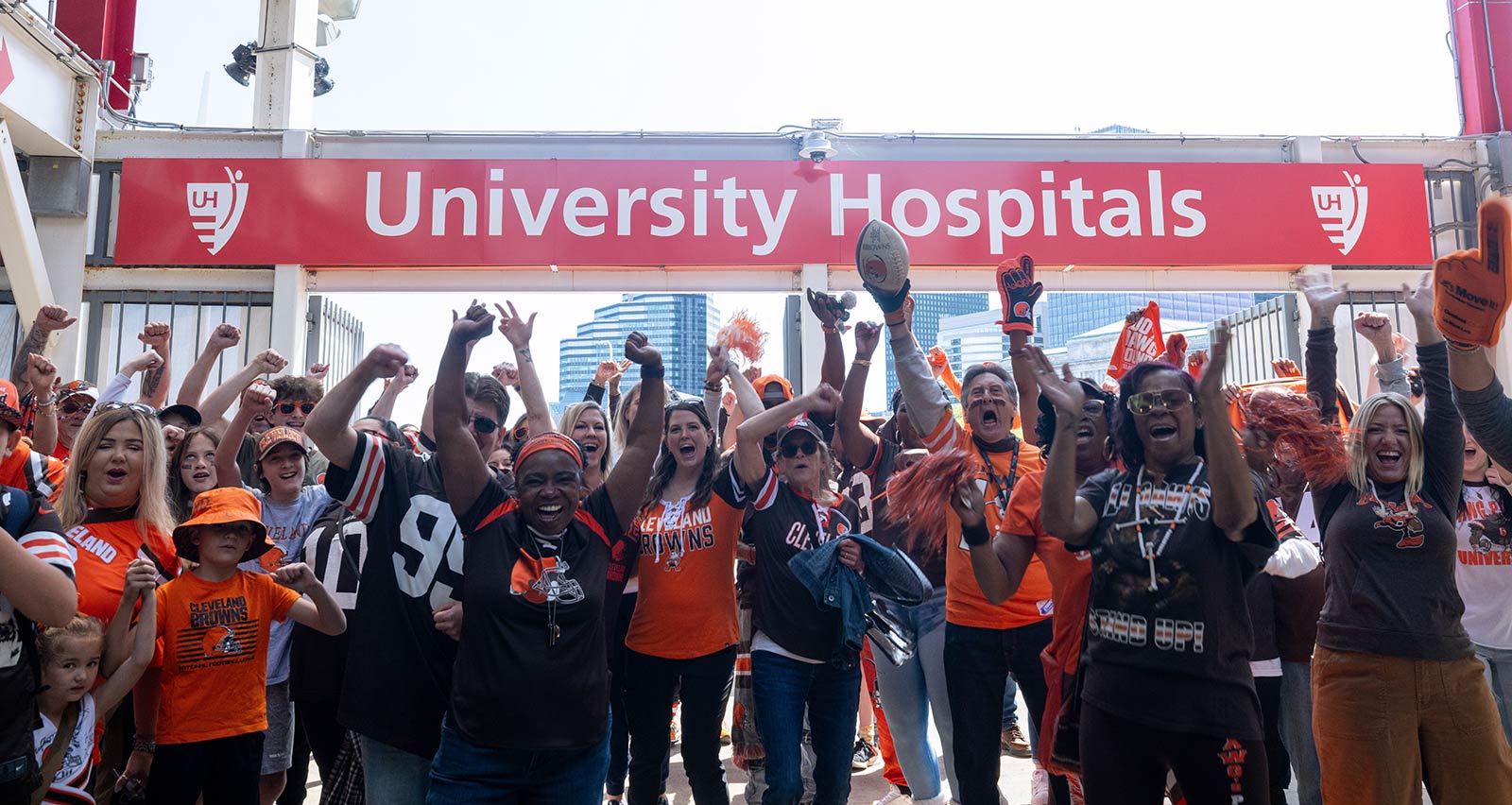 Browns fans cheer under the University Hospitals banner