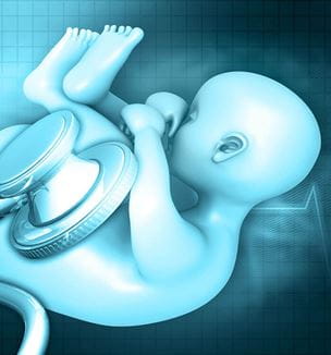 Getty image of human fetus illustration with stethoscope
