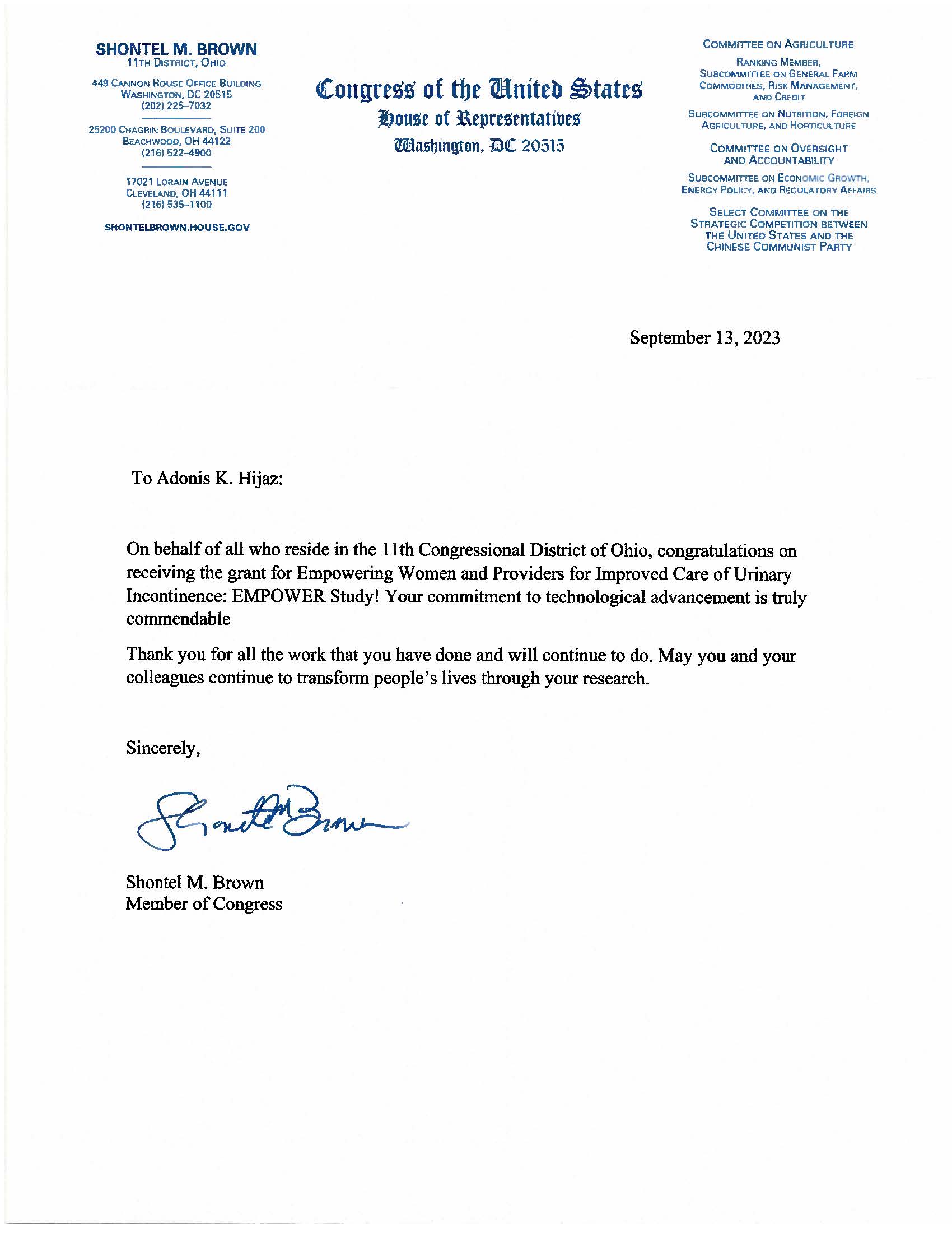 The EMPOWER Study team received recent commendations from Congresswoman Shontel Brown, 11th District, Ohio.