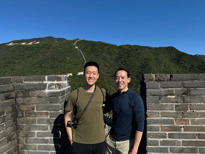 Alex Chang and Ray Liu hiking on the Great Wall after finishing their presentations at the International Limb Lengthening and Reconstruction Society in Beijing, China