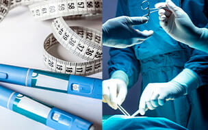 Measuring tape with weight loss shots on a table on the left and weight loss surgery in process on the right.