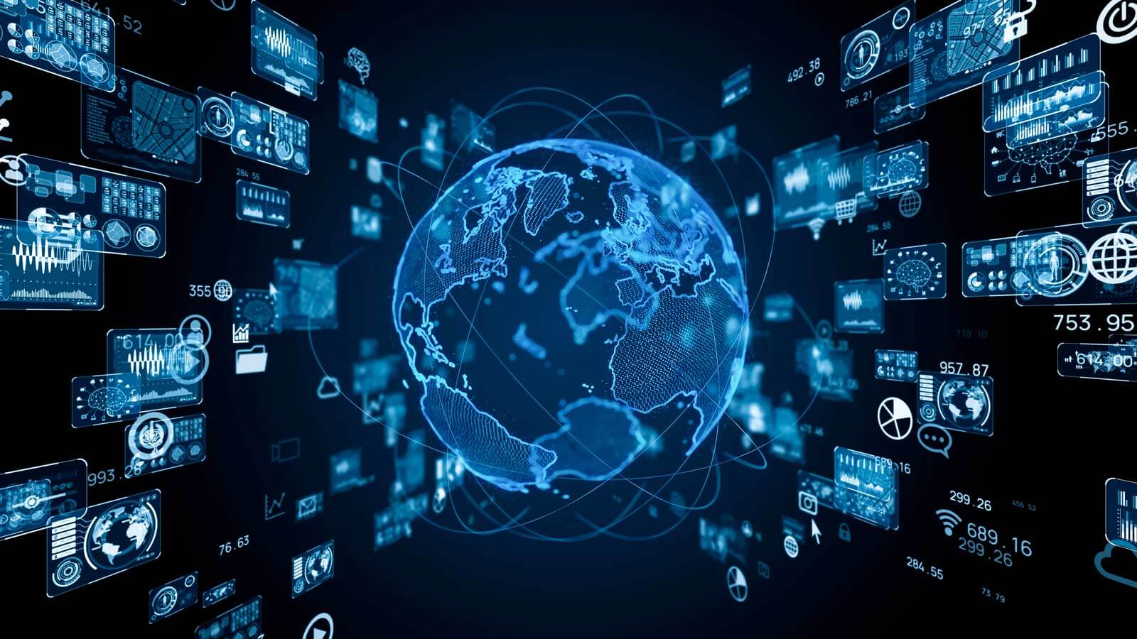 globe with icons and data showing collaboration