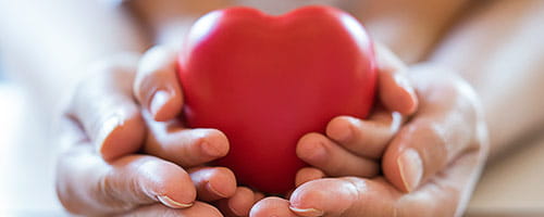 Woman and child holding a red wooden heart
