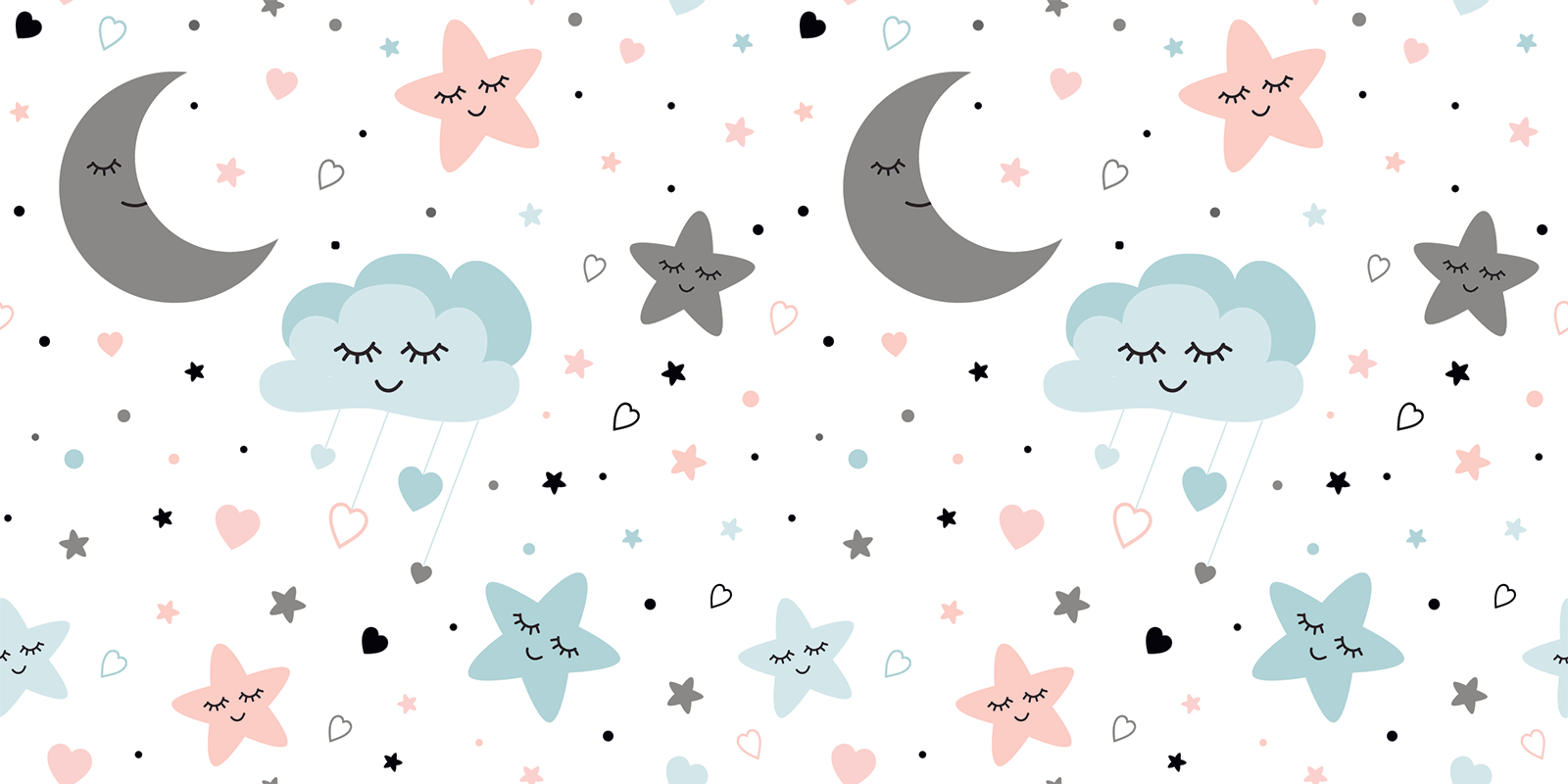 Illustration of sleeping moons, stars, and clouds.