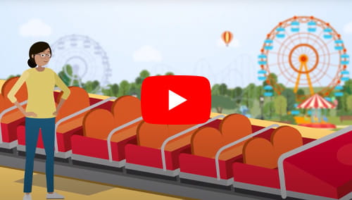 Illustration of a woman standing next to a roller coaster at an amusement park