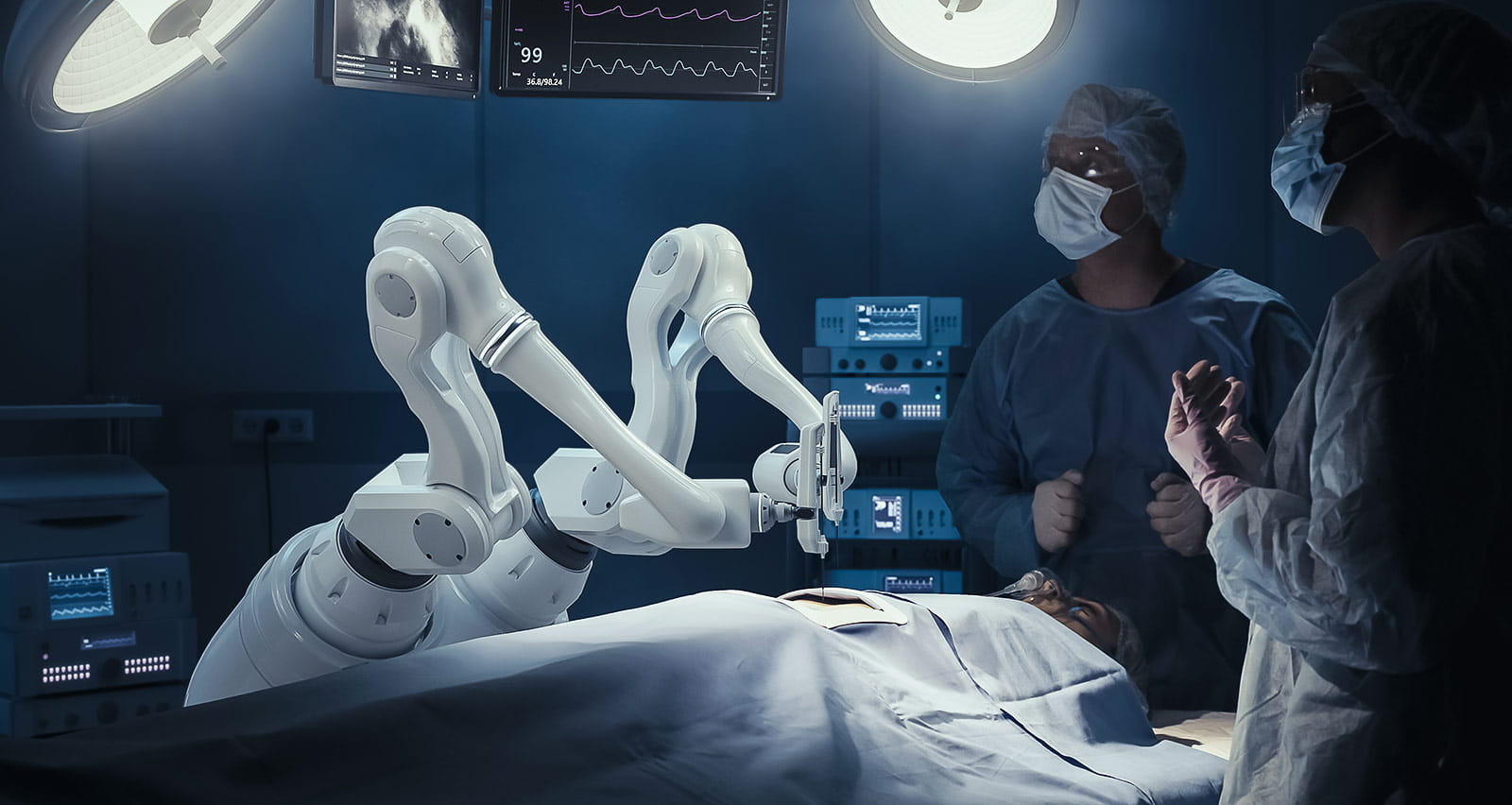 Robotic limbs performing complicated nanosurgery while doctors look at vitals on monitor